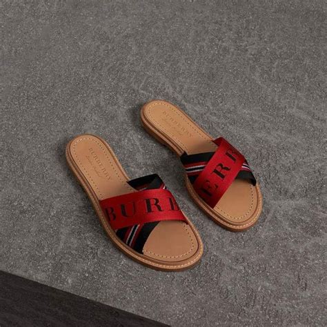 burberry striped nylon and leather slides